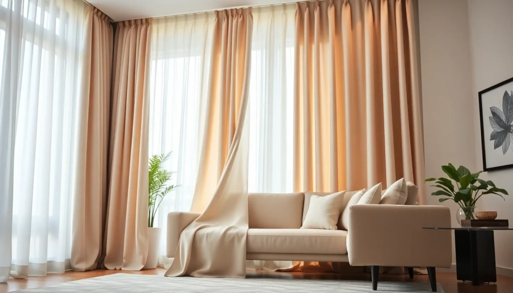 Verduisterende gordijnen in een stijlvolle woonkamer met een warme sfeer en natuurlijke lichtinval.