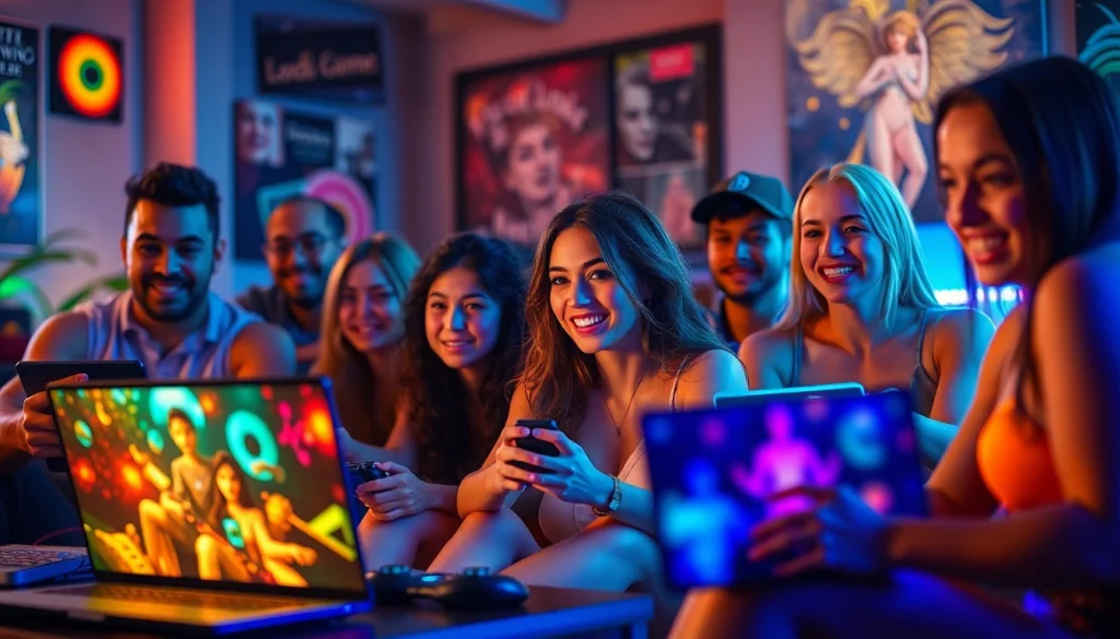 Engaging characters enjoying HTML porn games in a cozy gaming lounge.