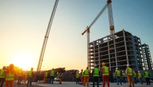Austin construction workers collaborating on-site during sunrise, showcasing teamwork and progress.