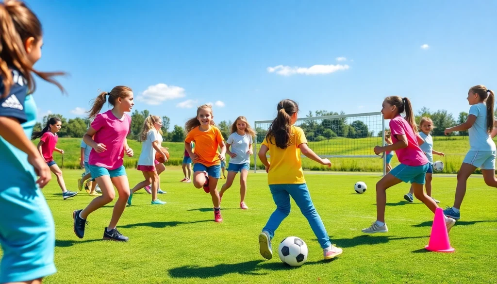 Enjoying Multi Sports Camps for Girls with friends while playing soccer and basketball outdoors.