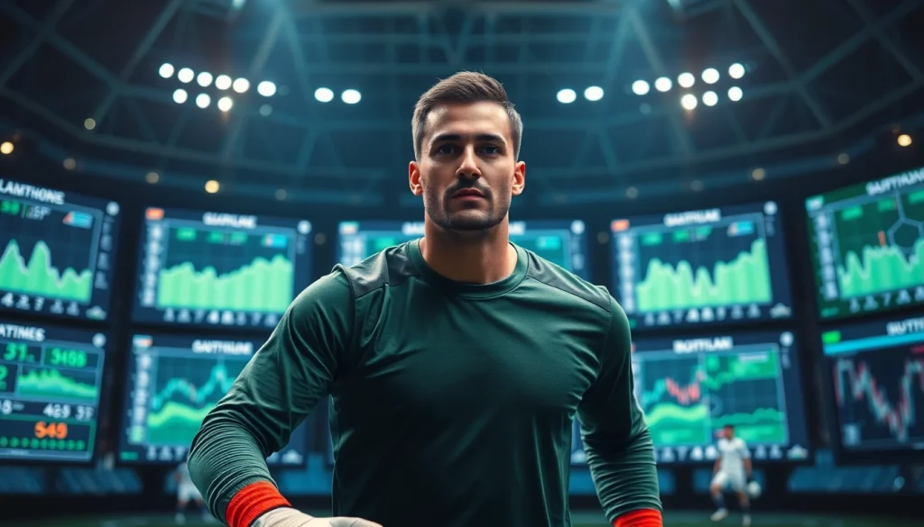 An engaging soccer analysis scene featuring the keyword บ้านผลบอล888 emphasized by a focused goalkeeper amidst dynamic statistics.