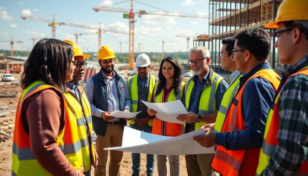 Engaging discussion on construction advocacy in the Carolinas with diverse professionals at a construction site.