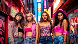 blackpink members posing confidently, showcasing unique styles in a vibrant urban setting