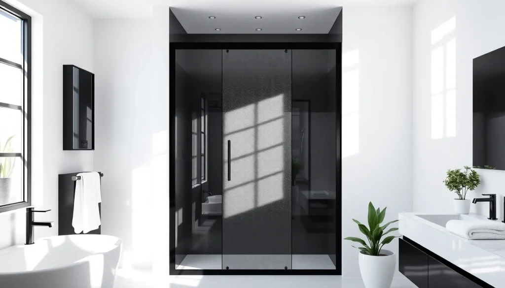 Stylish black shower door black frame in a modern bathroom setting with bright lighting.