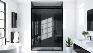 Stylish black shower door black frame in a modern bathroom setting with bright lighting.