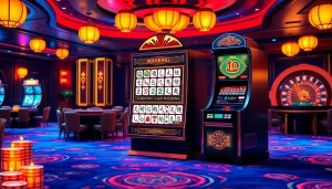 Jelajahi adegan slot demo mahjong yang menarik dengan ubin berwarna-warni dan elemen kasino yang mewah.