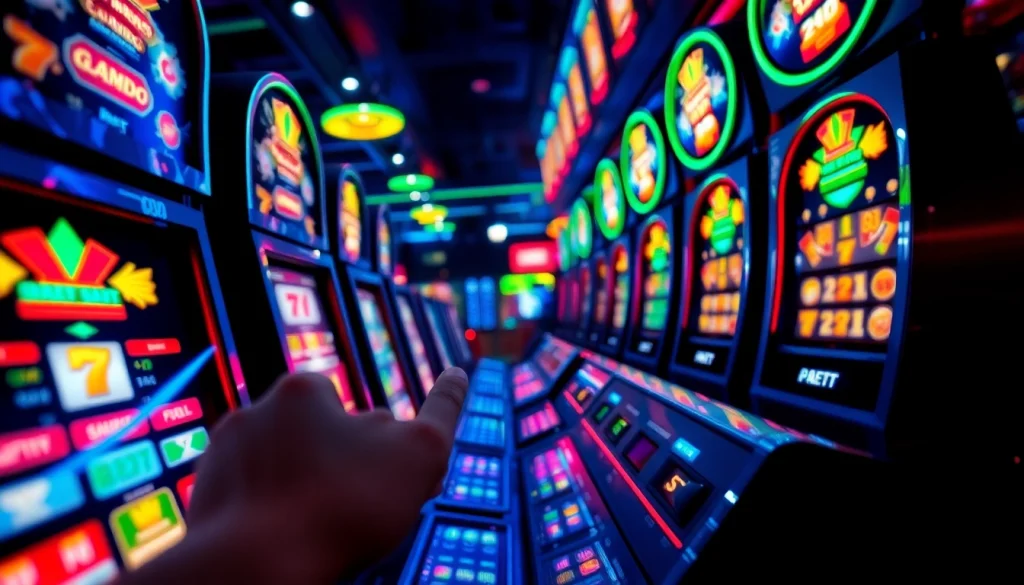 Taruhan slot deposit 1000 dengan mesin slot berwarna-warni di kasino.