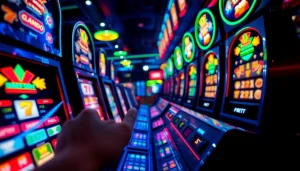 Taruhan slot deposit 1000 dengan mesin slot berwarna-warni di kasino.