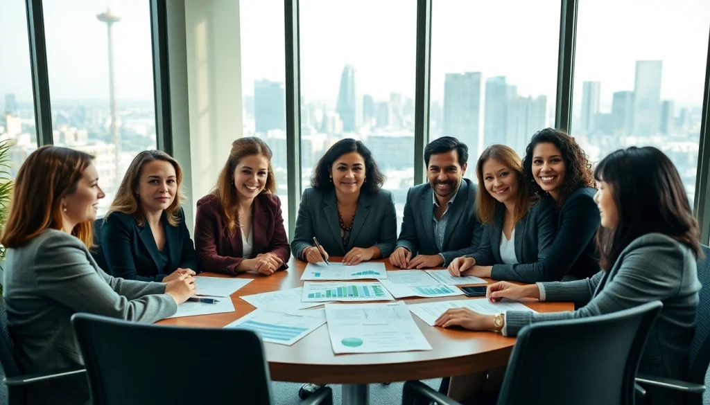 Engaged team of attorneys from an environmental law firm discussing cases in a professional setting.