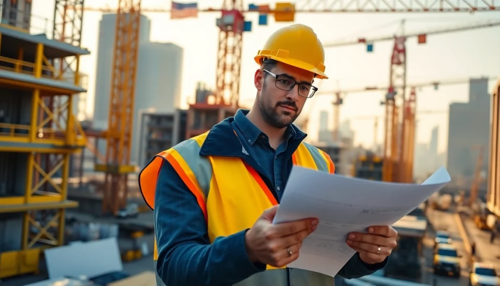 New York City Construction Manager analyzing blueprints amidst an active construction site.