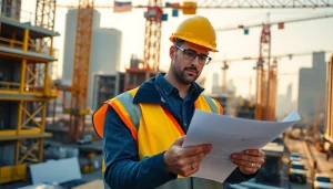 New York City Construction Manager analyzing blueprints amidst an active construction site.