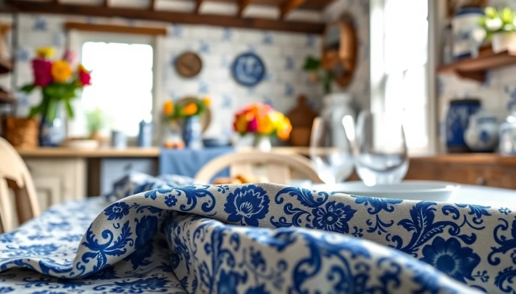 Decoratieve setting met delfts blauwe stof die elegantie en traditie uitstralen.