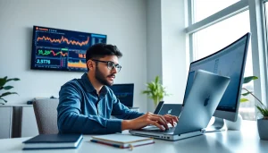 Developer analyzing infosec data with financial charts in a modern workspace