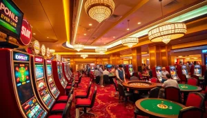 Excited players engaging with 'IDNSLOT' machines in a luxurious casino setting.