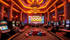 Engage with Olympus 1000 slot gameplay amidst a vibrant casino atmosphere.