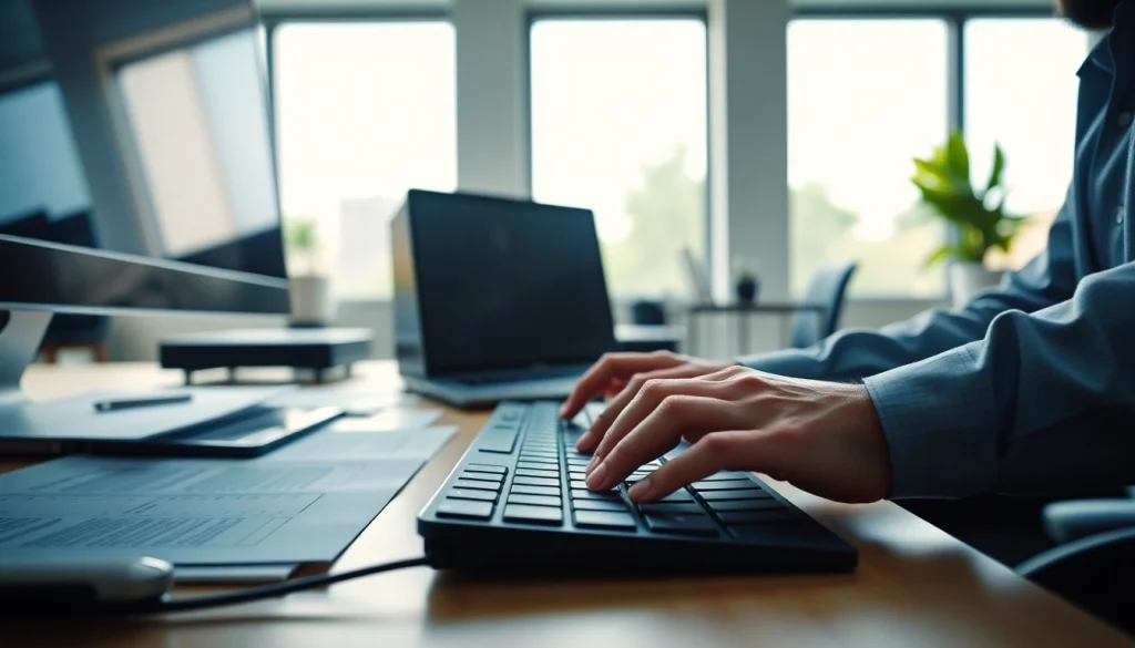 Enhance your skills at a typing center with a professional typist showcasing seamless accuracy.