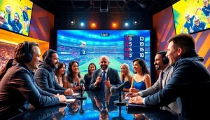 Presenters engaging in sports broadcasting against a bright studio backdrop.