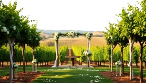Capture the charm of Clarksburg Wedding Venues with a romantic vineyard wedding setup highlighting a rustic altar.