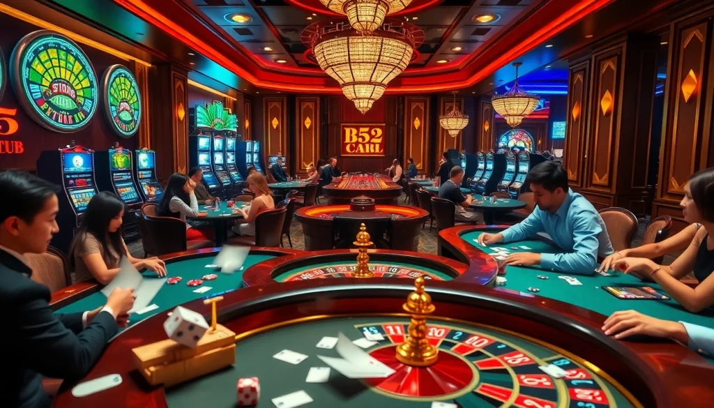 B52 club gaming atmosphere with players enjoying poker and vibrant slot machines, capturing excitement.