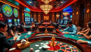 B52 club gaming atmosphere with players enjoying poker and vibrant slot machines, capturing excitement.