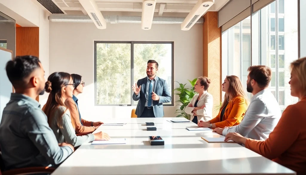 Engaging business coaching service session highlighting diverse clients' participation.