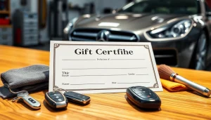 Gift certificate for car detailing featuring premium tools and a polished vehicle in the background.