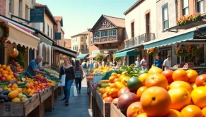 Clarksburg's vibrant local market bustling with shoppers and colorful stalls.