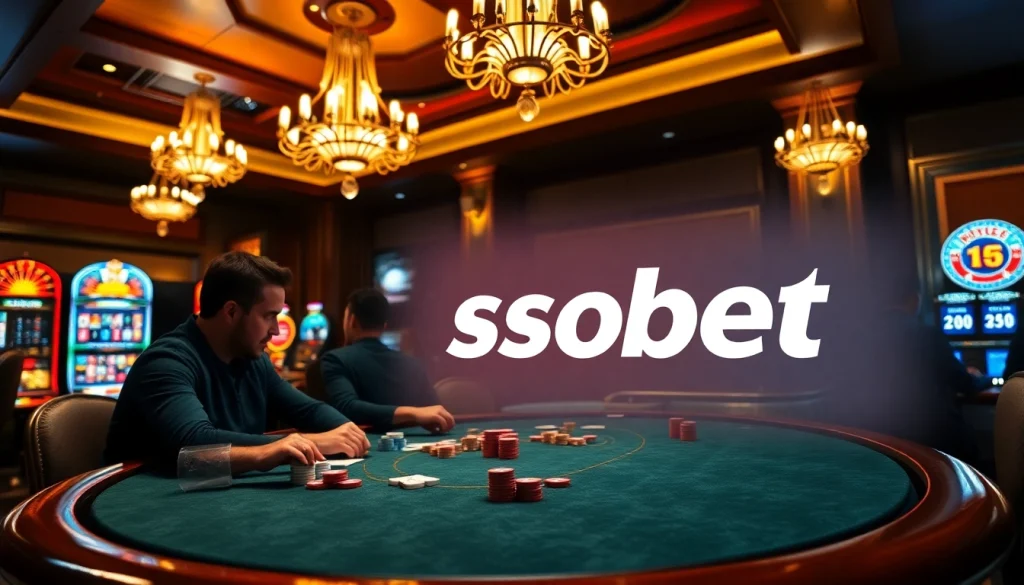 Intense gaming atmosphere at a poker table, featuring llink alternatif sbobet and vibrant casino elements.