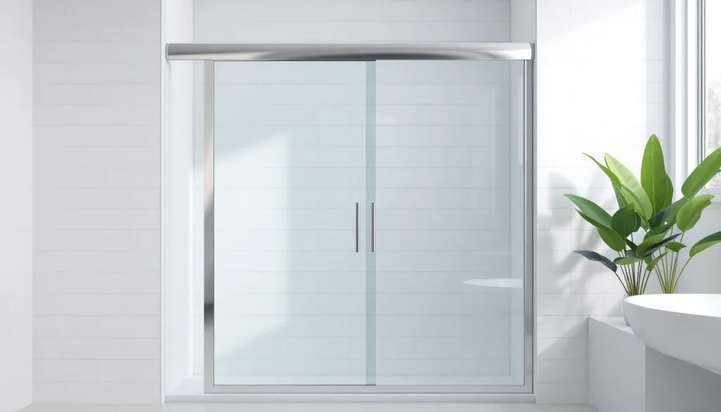 Showcasing a sliding shower door with sleek design and chrome accents in a modern bathroom.