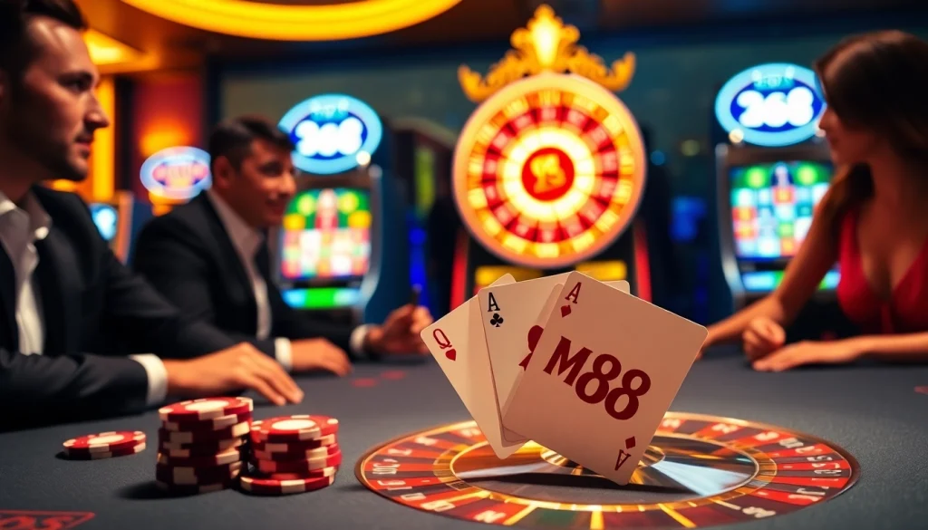 Players enjoy a thrilling game at an M88 casino table adorned with exciting poker chips and a roulette wheel.