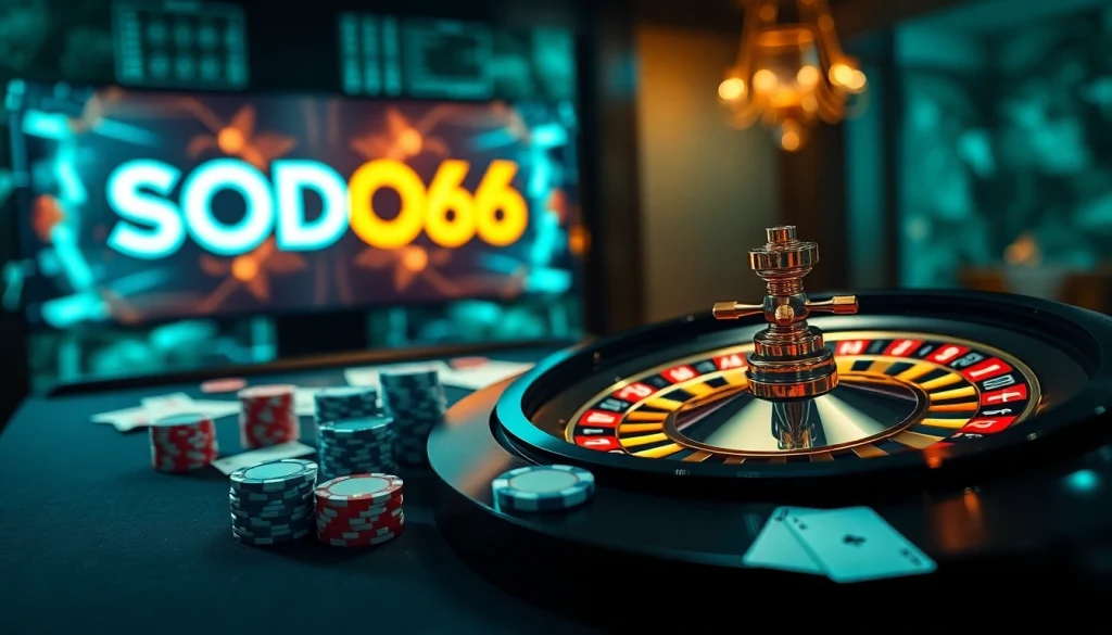 SODO66 casino table scene showcasing poker chips and a roulette wheel for an exciting gaming experience.