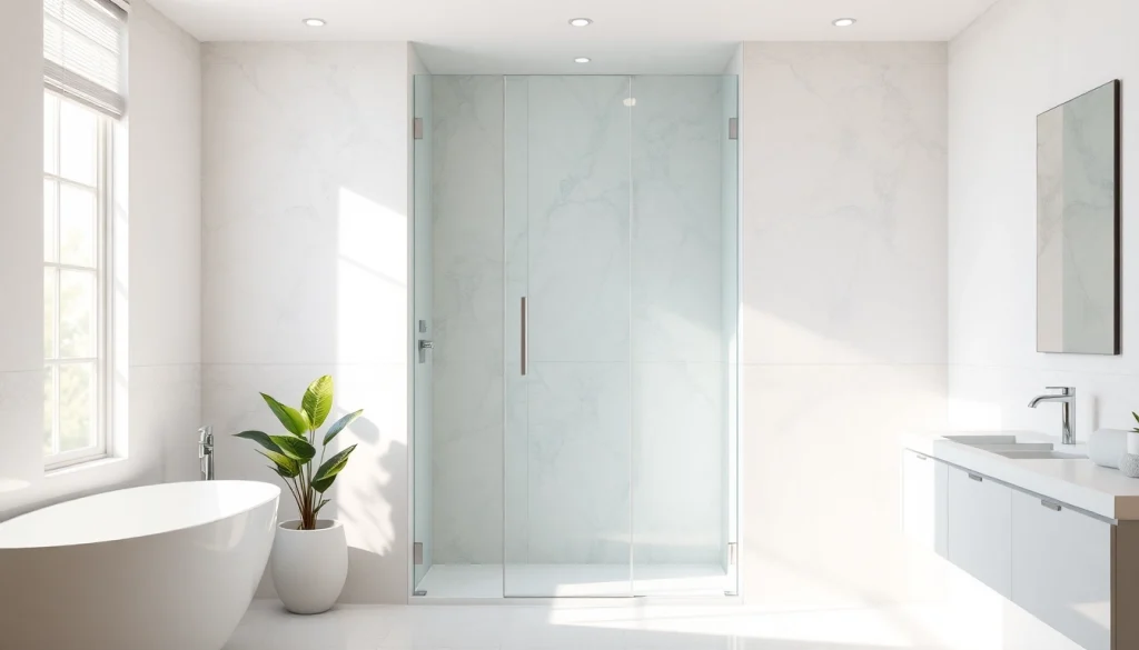A sleek and modern shower screen door enhances the elegance of this luxurious bathroom setting.