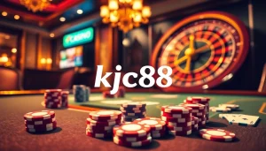 KJC88 poker table with vibrant chips and cards in a luxurious casino setting