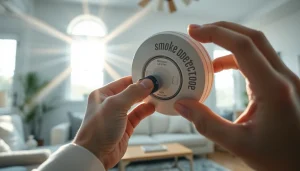 Installing a smoke detector battery in a well-lit living room, emphasizing home safety.