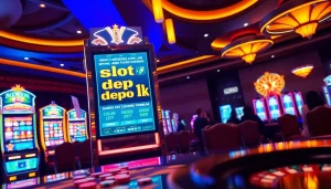 Para pemain yang bersemangat meraih kemenangan besar di mesin slot Depo 1K dalam suasana kasino yang hidup.