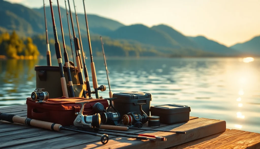 Showcase of fly fishing accessories including rods and reels on a serene lake dock.