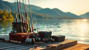 Showcase of fly fishing accessories including rods and reels on a serene lake dock.