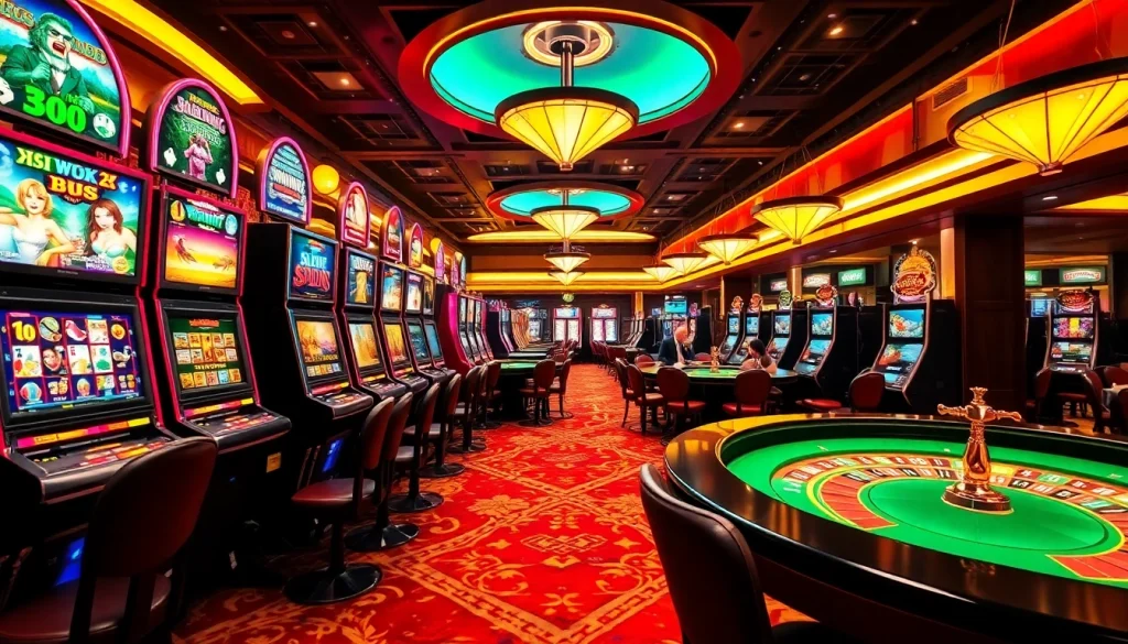 Rasakan sensasi slot deposit pulsa tanpa potongan di kasino mewah yang dipenuhi mesin slot berwarna-warni.