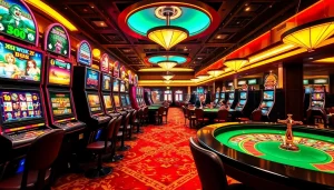 Rasakan sensasi slot deposit pulsa tanpa potongan di kasino mewah yang dipenuhi mesin slot berwarna-warni.