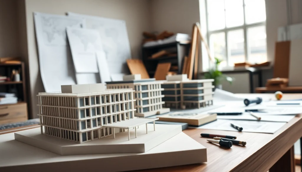 Arbeiten an architekturmodellbau Gelsenkirchen mit detaillierten Modellen auf einem Holzarbeitsplatz.