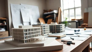 Arbeiten an architekturmodellbau Gelsenkirchen mit detaillierten Modellen auf einem Holzarbeitsplatz.