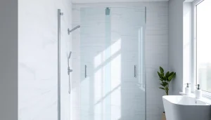Shower screen door showcased in a modern bathroom with elegant decor and natural lighting.