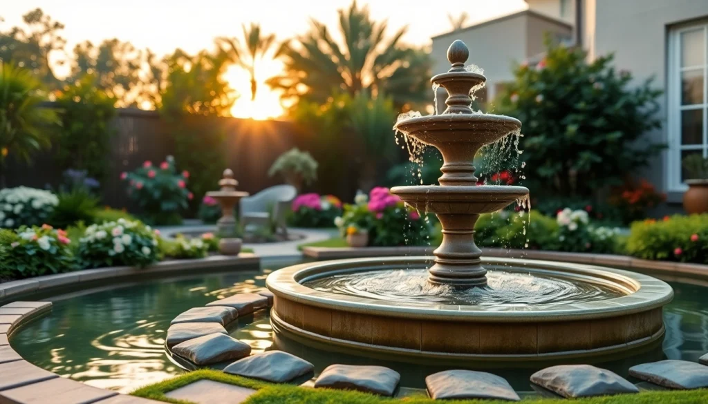 View stunning water features like cascading fountains surrounded by lush greenery.
