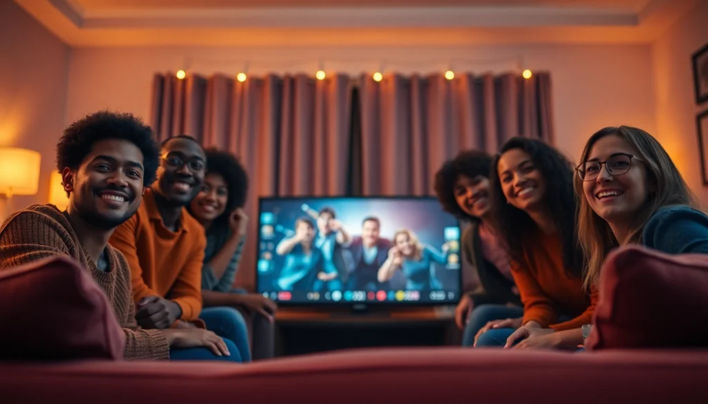 ดูหนัง กับกลุ่มเพื่อนที่มีความสุขในห้องนั่งเล่น