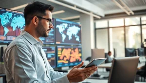 Analiza AI w Europie przez inżyniera w nowoczesnym biurze.