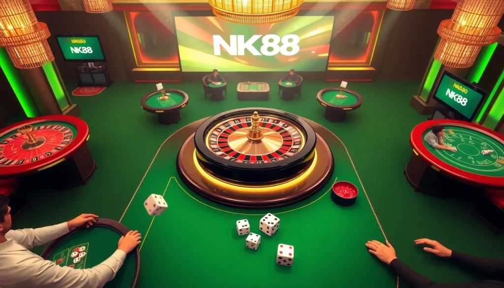 Experience the thrill of NK88 at a vibrant casino scene with players at poker tables and a roulette wheel.