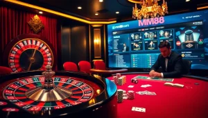 Experience the thrill of mm88 com with a vibrant casino scene featuring poker chips and roulette.