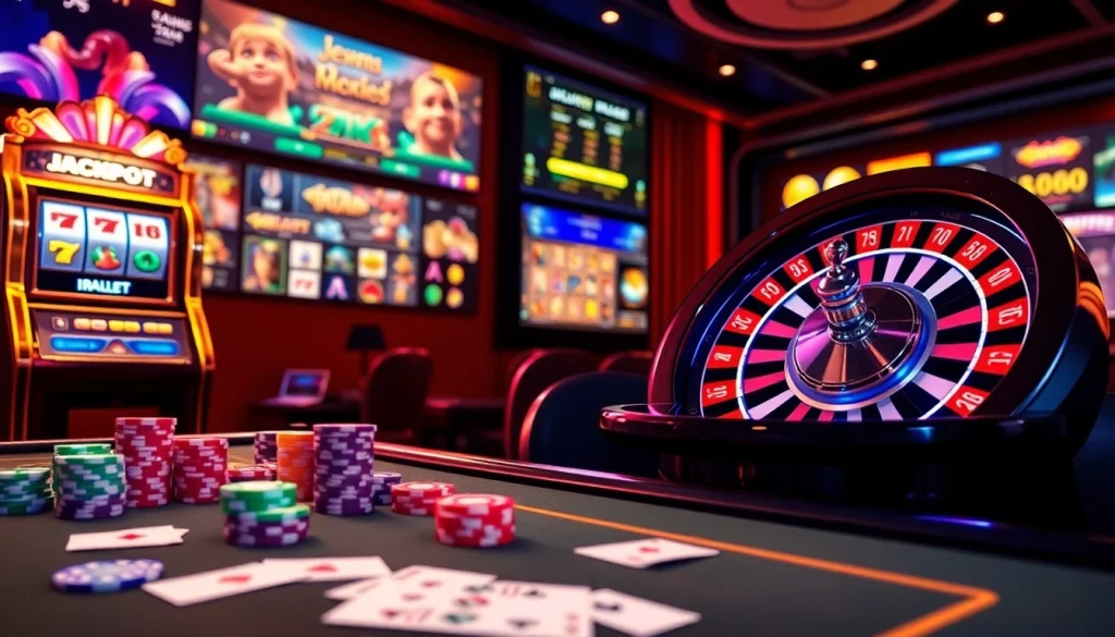 Experience the excitement of idnslot with colorful casino tables, slot machines, and online gaming visuals.