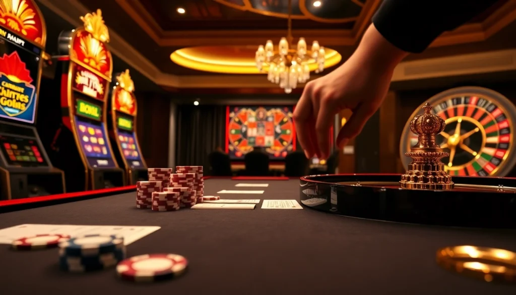 Participez à une action passionnante de casino en ligne dans un environnement de jeu haut de gamme avec des jetons de poker et des machines à sous.