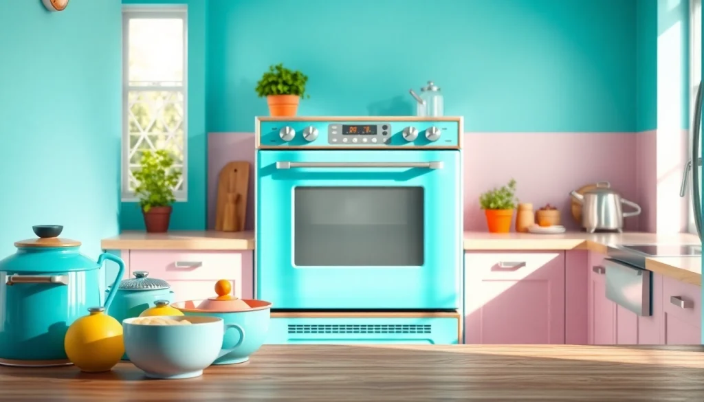 Showcasing a Retro Oven in a contemporary kitchen highlighting its unique design and vibrant colors.